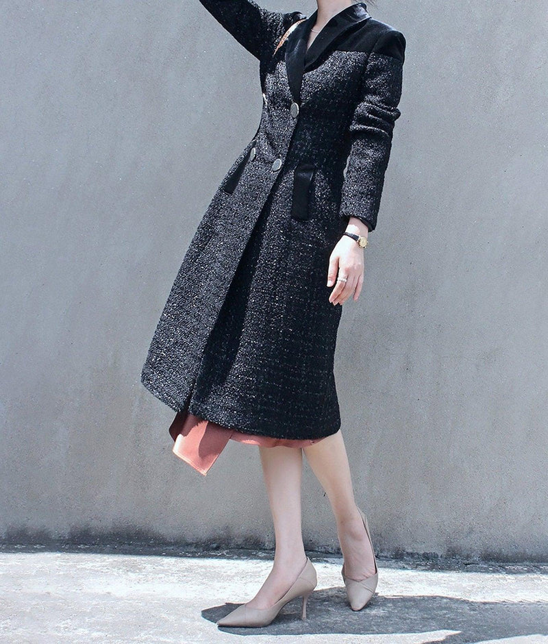 Women's Black Tweed woolen coat,Double Breasted Wool Long Coat,Wool Overcoat Fall Winter Wool Blend Trench Coat Outerwear Vivian Seven