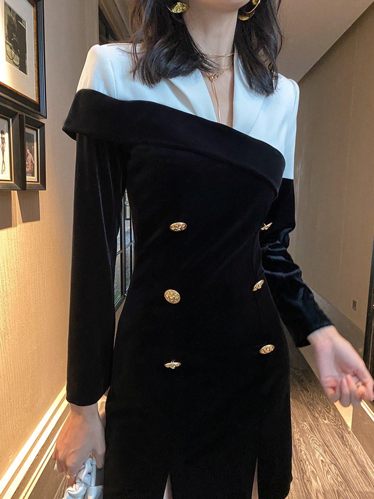 Colorblock Velvet Double Breasted Short Blazer Dress