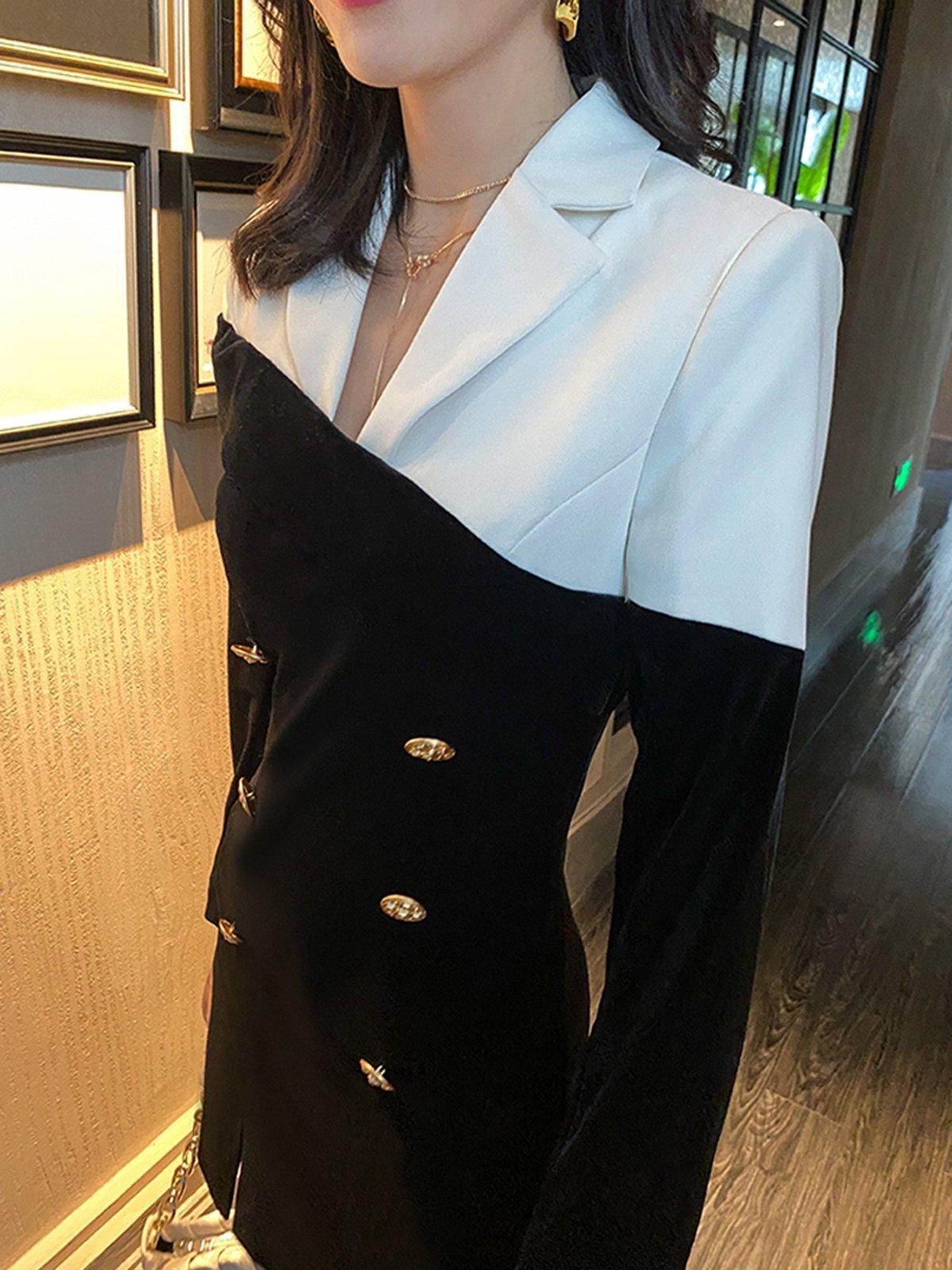 Colorblock Velvet Double Breasted Short Blazer Dress | Vivian Seven S Colorblock Velvet Double Breasted Short Blazer Dress | Vivian Seven S