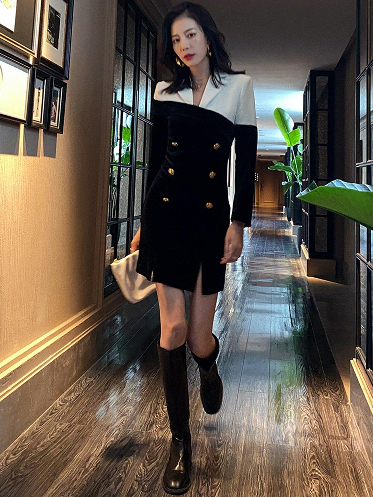Colorblock Velvet Double Breasted Short Blazer Dress | Vivian Seven S Colorblock Velvet Double Breasted Short Blazer Dress | Vivian Seven S