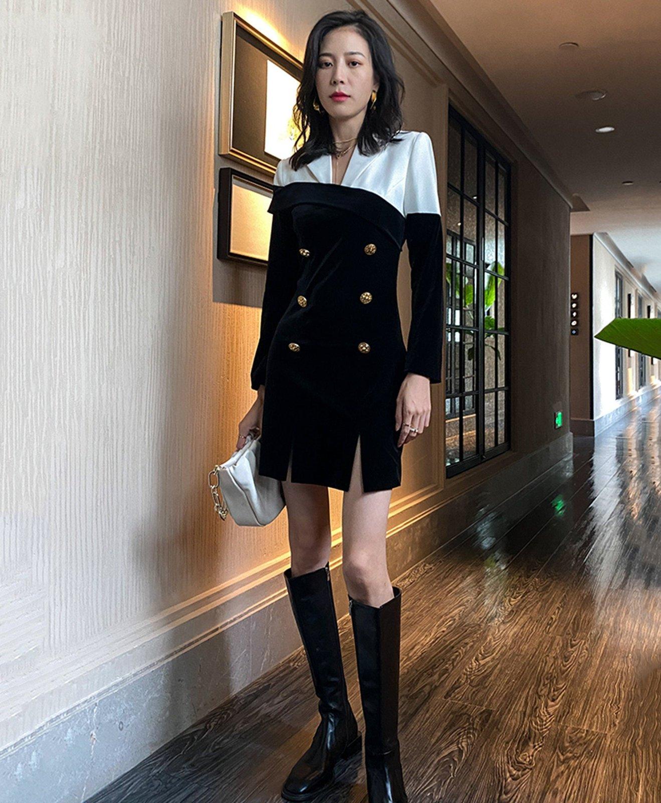 short dress with blazer outfit Zapaka Women White Pencil Short Blazer Dress with Sleeves Double Breasted Peak Lapel Work Dress, White / S