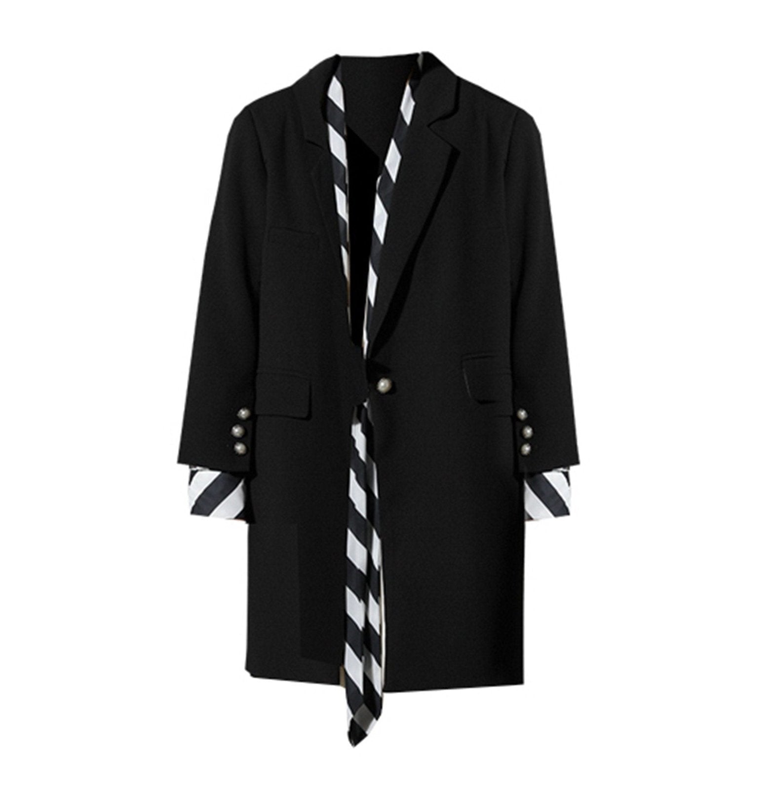 Women's Black striped suit collar Loose Blazer Dress,Oversize suit jacket Fall Trench Coat,1 button Black Long Coat Outerwear windbreaker Vivian Seven