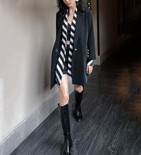 Women's Black striped suit collar Loose Blazer Dress,Oversize suit jacket Fall Trench Coat,1 button Black Long Coat Outerwear windbreaker Vivian Seven