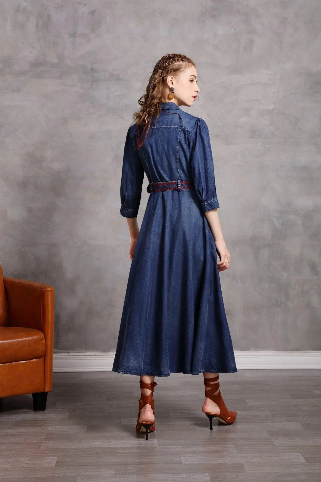 Blue Denim Embroidered Belted Half Sleeve Midi Dress | Vivian Seven M Blue Denim Embroidered Belted Half Sleeve Midi Dress | Vivian Seven M