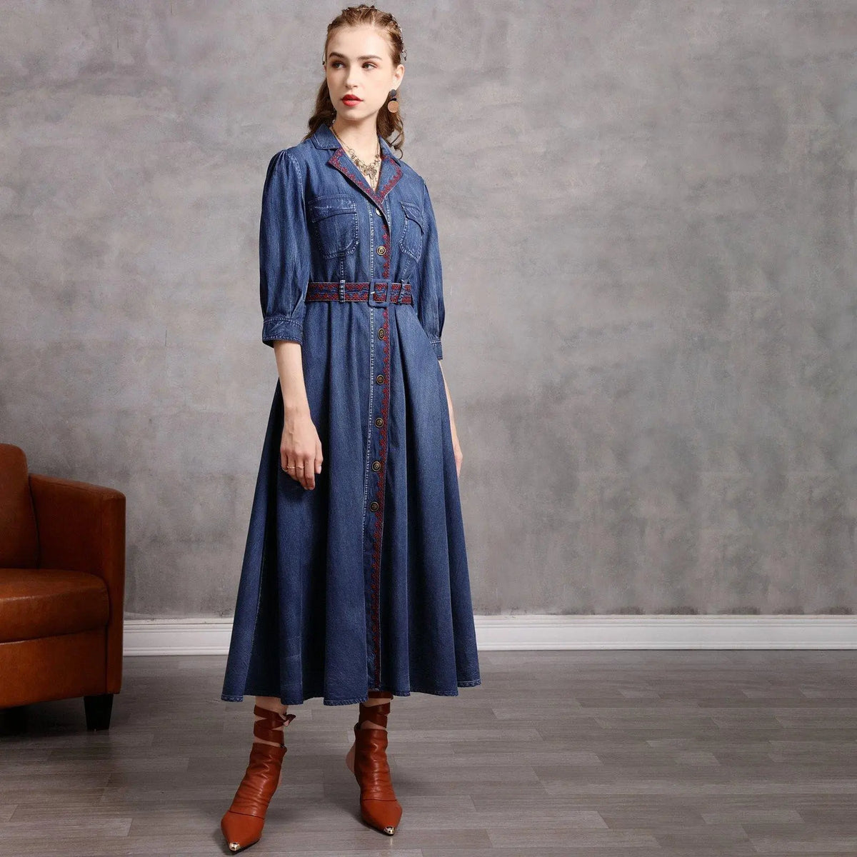 embroidered denim dress women Blue Belted Half Sleeve Midi Color:419 EVENING BLUE festival top Black Dress With Lime 21 Size LARGE Underarm