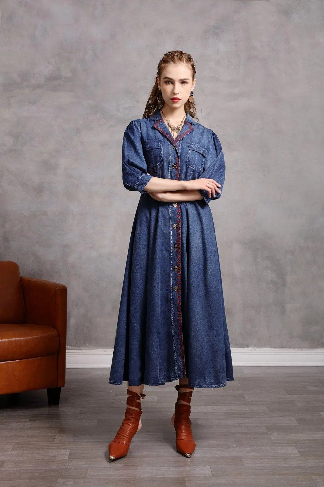 Blue Denim Embroidered Belted Half Sleeve Midi Dress | Vivian Seven M Blue Denim Embroidered Belted Half Sleeve Midi Dress | Vivian Seven M