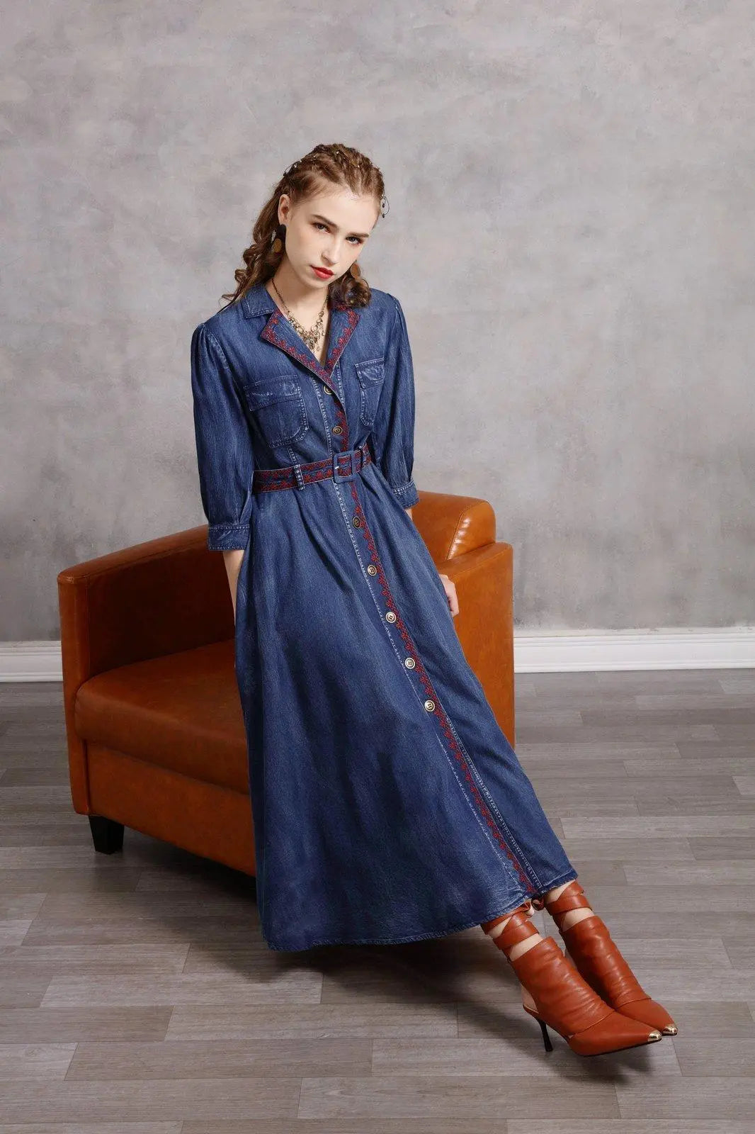 Blue Denim Embroidered Belted Half Sleeve Midi Dress | Vivian Seven M Blue Denim Embroidered Belted Half Sleeve Midi Dress | Vivian Seven M