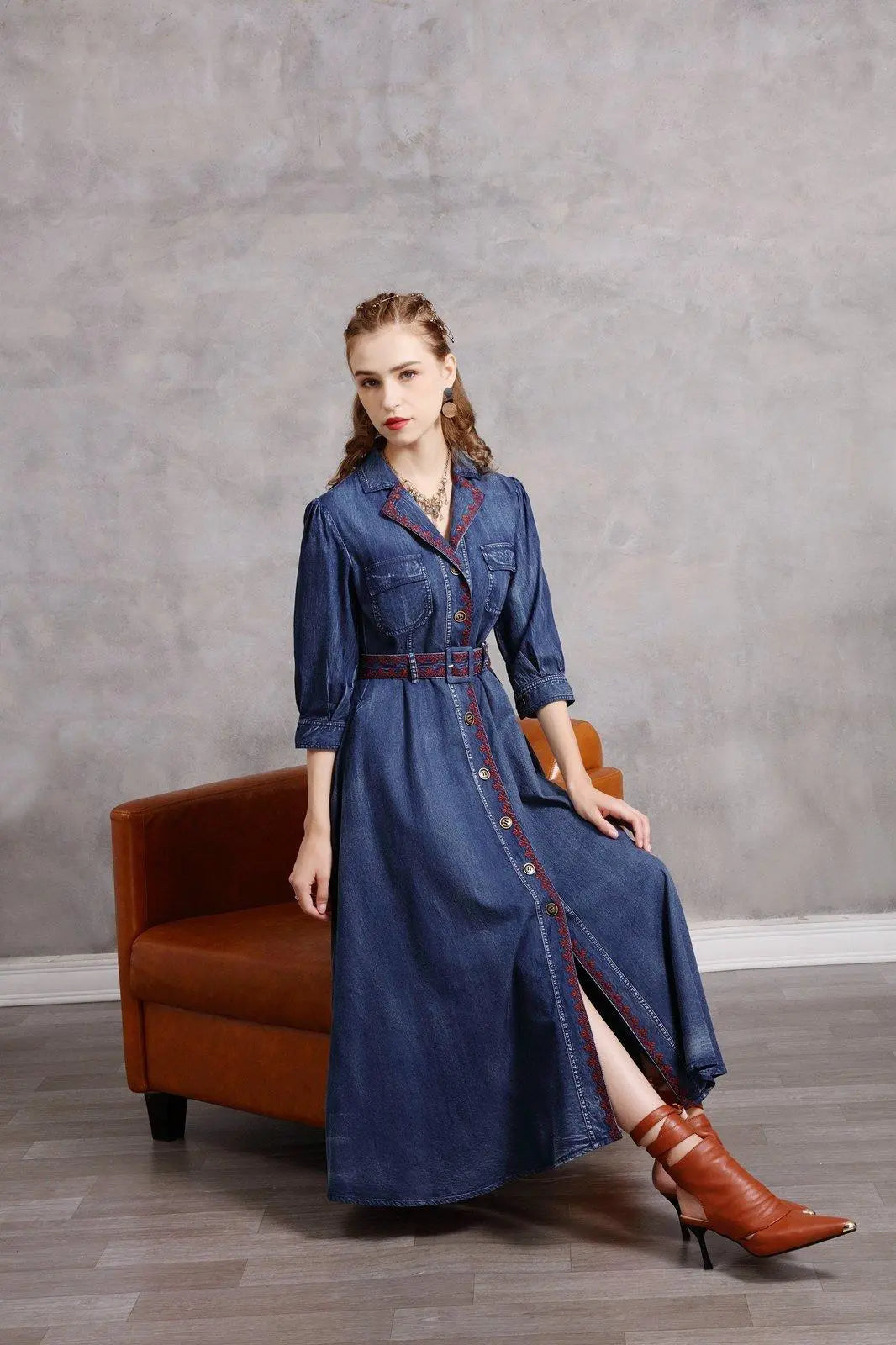 Blue Denim Embroidered Belted Half Sleeve Midi Dress | Vivian Seven M Blue Denim Embroidered Belted Half Sleeve Midi Dress | Vivian Seven M