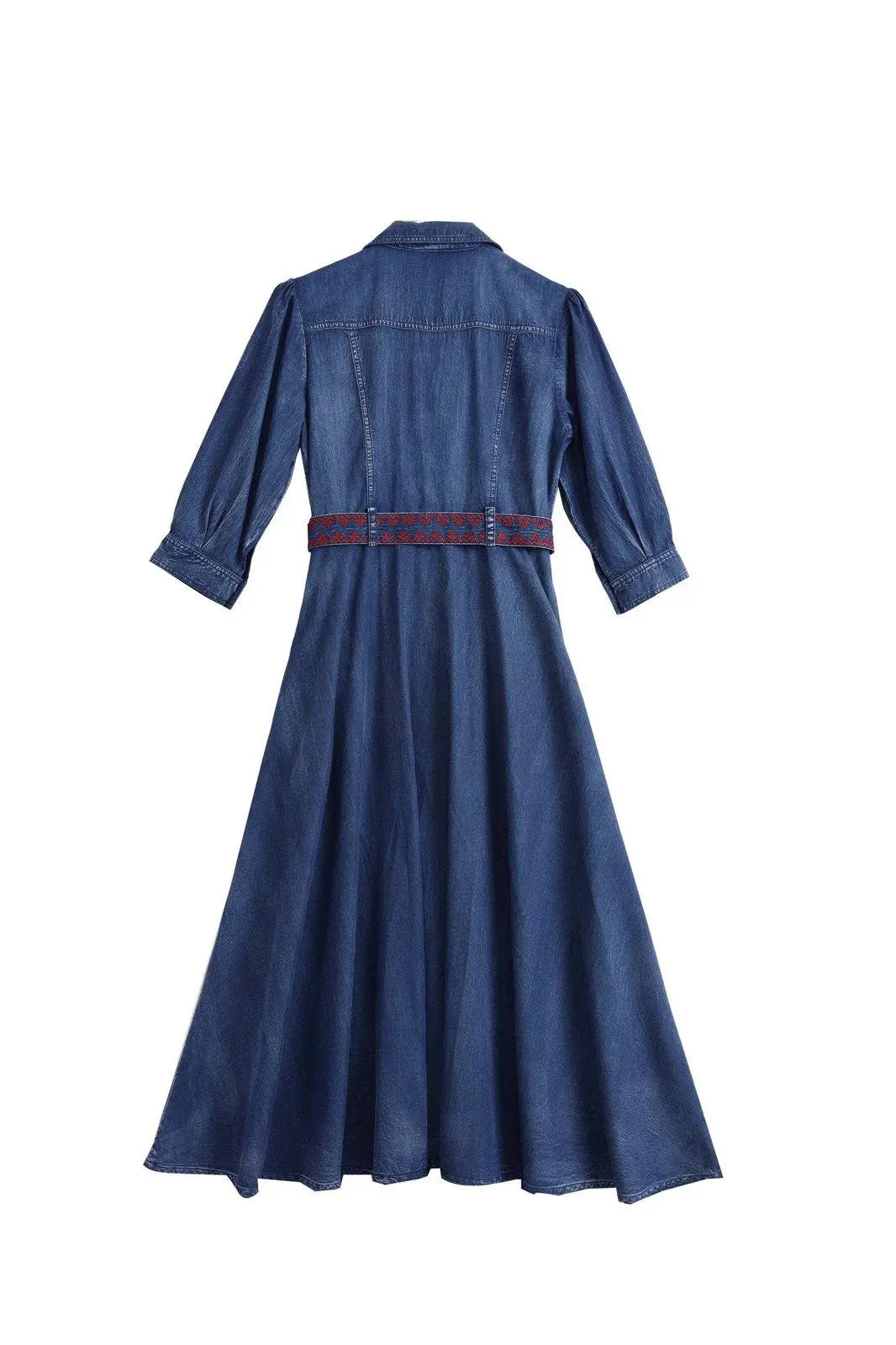 Blue Denim Embroidered Belted Half Sleeve Midi Dress | Vivian Seven M Blue Denim Embroidered Belted Half Sleeve Midi Dress | Vivian Seven M