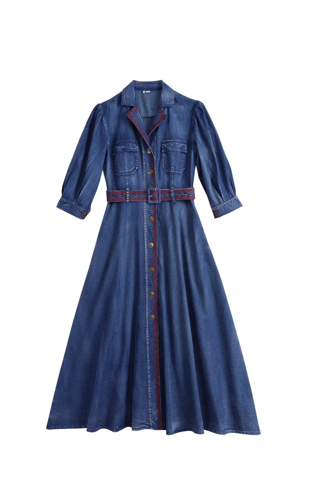Blue Denim Embroidered Belted Half Sleeve Midi Dress | Vivian Seven M Blue Denim Embroidered Belted Half Sleeve Midi Dress | Vivian Seven M