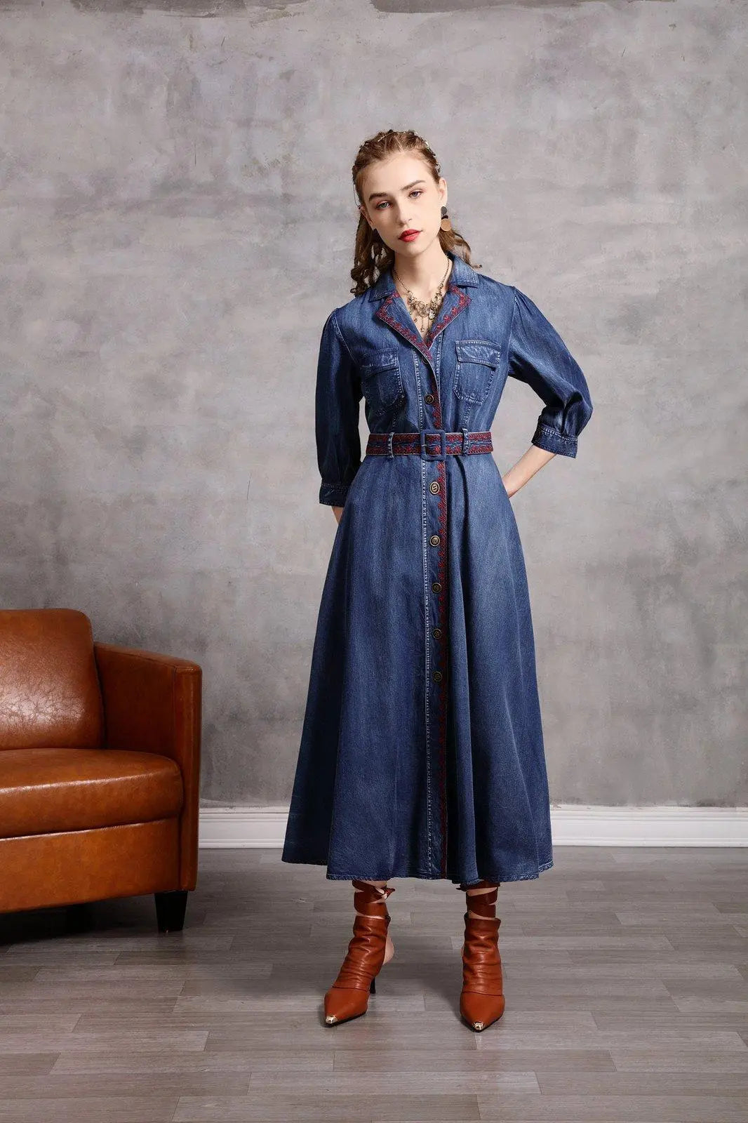 secret mission button down belted denim midi dress Denim Belted Midi Dress S