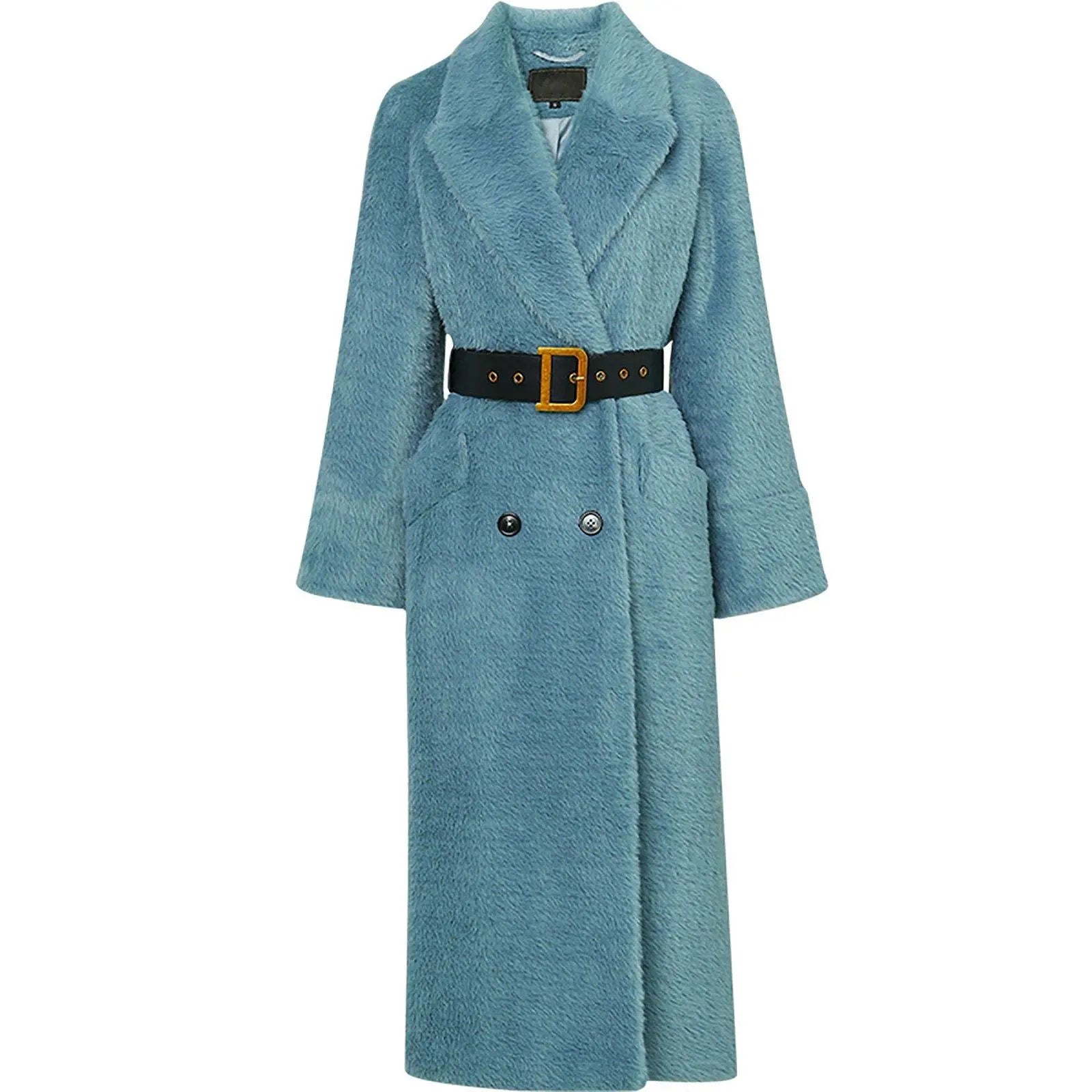 Women's Blue Faux Fur coat,Long Faux Fur Coat for Women,Double Breasted Overcoat,Collared Coat,Oversize Wool Coat,Warm Winter Coat,Long Coat Vivian Seven