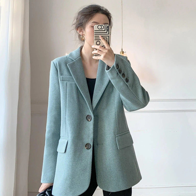 Women's Blue Wool Blazer coat,Oversize Suit Coat,Single Breasted Blazer,Autumn Blazer Coat,Loose Suit Coat,Winter Blazer,Wedding guest suit Vivian Seven