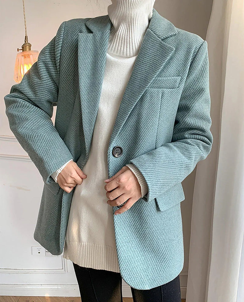 Women's Blue Wool Blazer coat,Oversize Suit Coat,Single Breasted Blazer,Autumn Blazer Coat,Loose Suit Coat,Winter Blazer,Wedding guest suit Vivian Seven