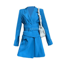 Women's Blue girdle Trench Coat,Blue Blazer Dress,Business Attire Sexy Office Wear,Trench dress,dress jacket,Fall trench coat,Vivian7 T107 Vivian Seven