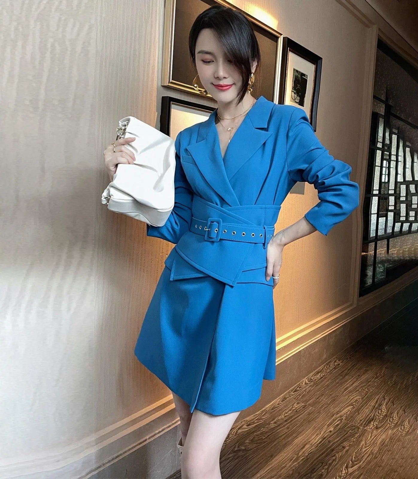 Women's Blue girdle Trench Coat,Blue Blazer Dress,Business Attire Sexy