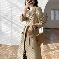 Women's Classic Khaki Cotton Blend Trench Coat Double Breasted Long windbreaker,Office Lady Drop Belted Trench Coat,Fall Winter Long Blazer Vivian Seven