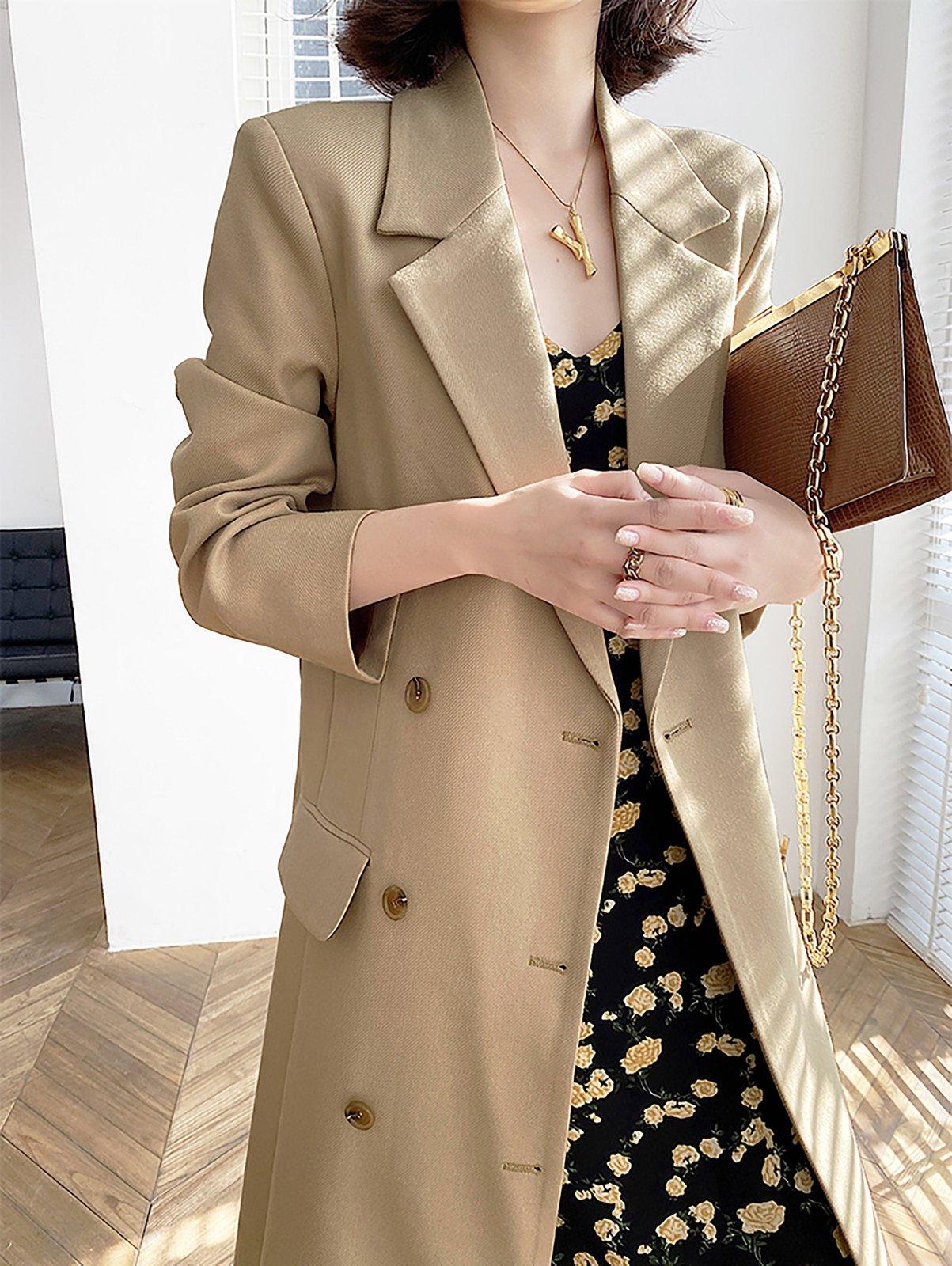 DEAT Coffee Color Casual Women Overcoat Double Breasted Loose Long