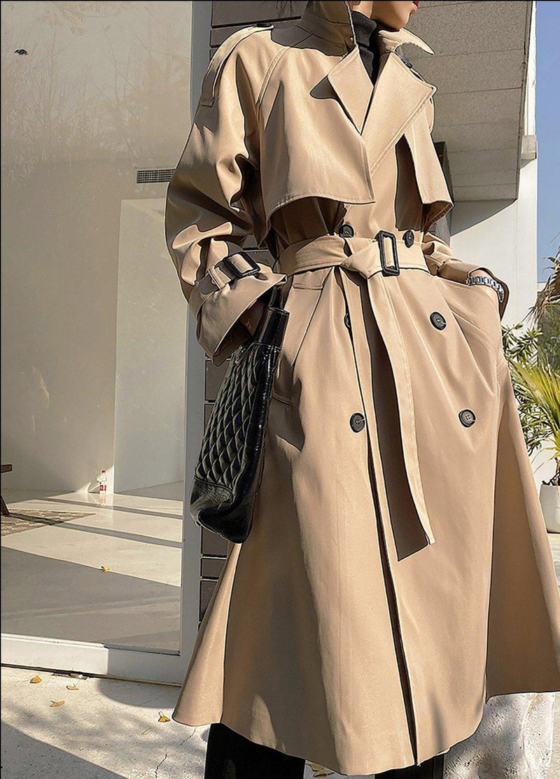 Women's Classic Khaki Double Breasted Cotton Blend Trench Coat,Oversiz
