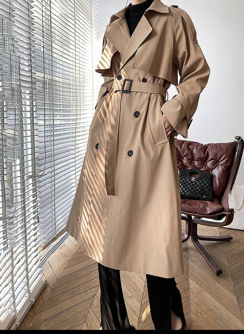 Women's Classic Khaki Double Breasted Cotton Blend Trench Coat,Oversize Long Windbreaker Fall coat for women duster coat Outerwear Vivian Seven