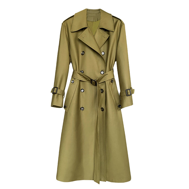 Women's Cotton Blend Windbreaker Belted Double Breasted Trench Coat,Fall Coat Long Raincoat,Green Duster coat Khaki Tench Coat Outerwear Vivian Seven