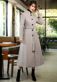 Women's Custom Gray Cashmere coat,super long over-the-knee slim Wool Coat,lace-up woolen coat,Autumn Winter coat for women,Women's Outerwear Vivian Seven