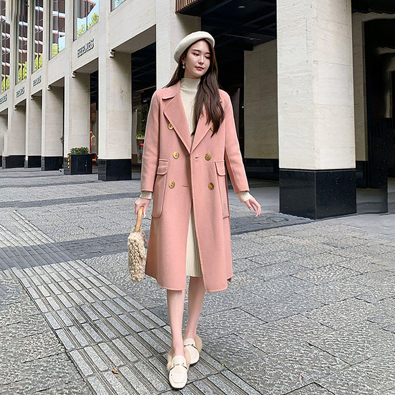 Women's Double-faced cashmere coat pink double-breasted loose Overcoat woolen coat,Winter Wool Blend Coat,Fall Woolen Long Coat outerwear Vivian Seven