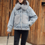 Women's Fox Fur collar Denim Jacket,Women Thermal Coat Faux Fur Lined Denim Jacket,Winter Faux Fur Coat,Relaxed Fit Jacket Coat,Denim Coat Vivian Seven