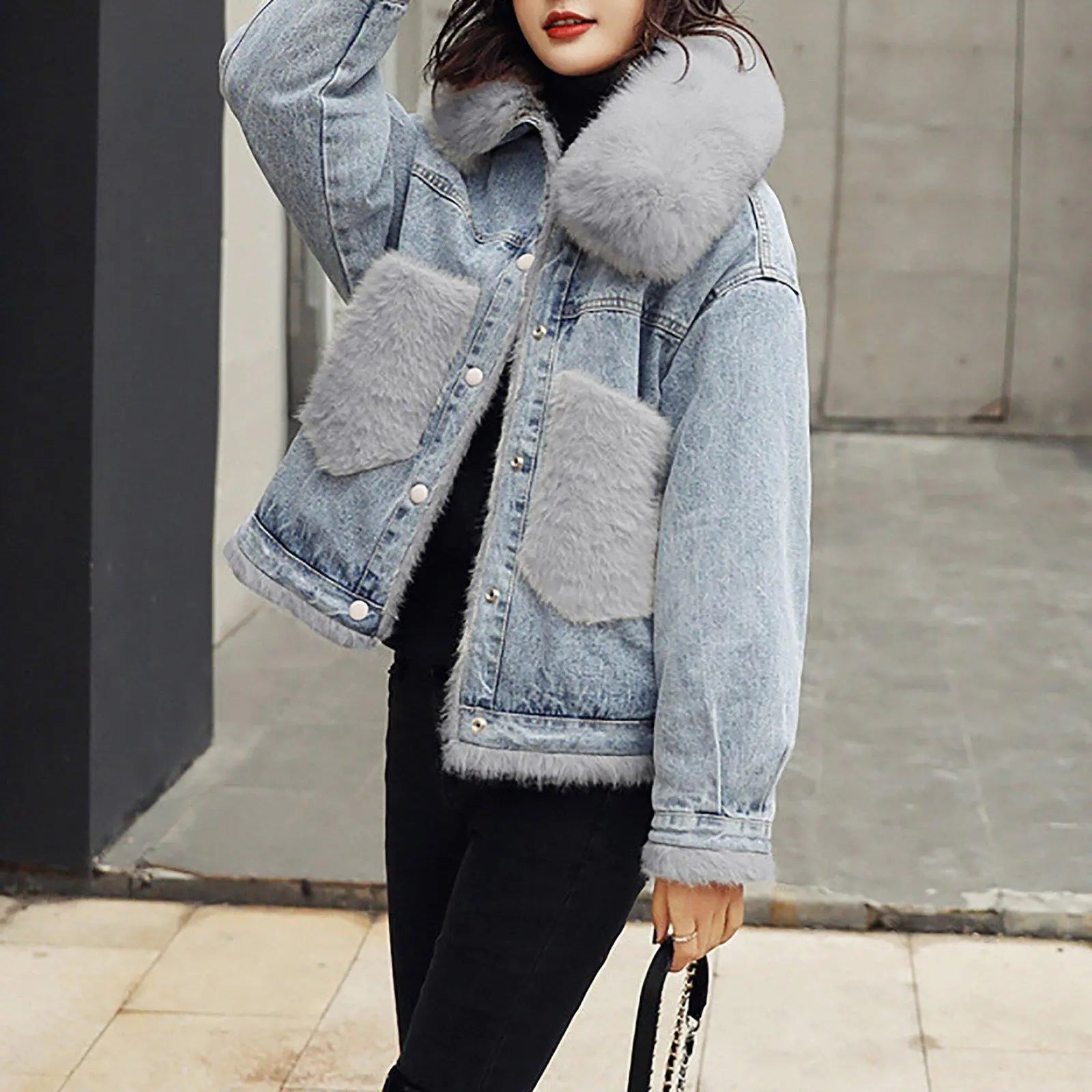 Shearling Coat Winter Jacket Denim Faux Fur Collar Denim Coat With