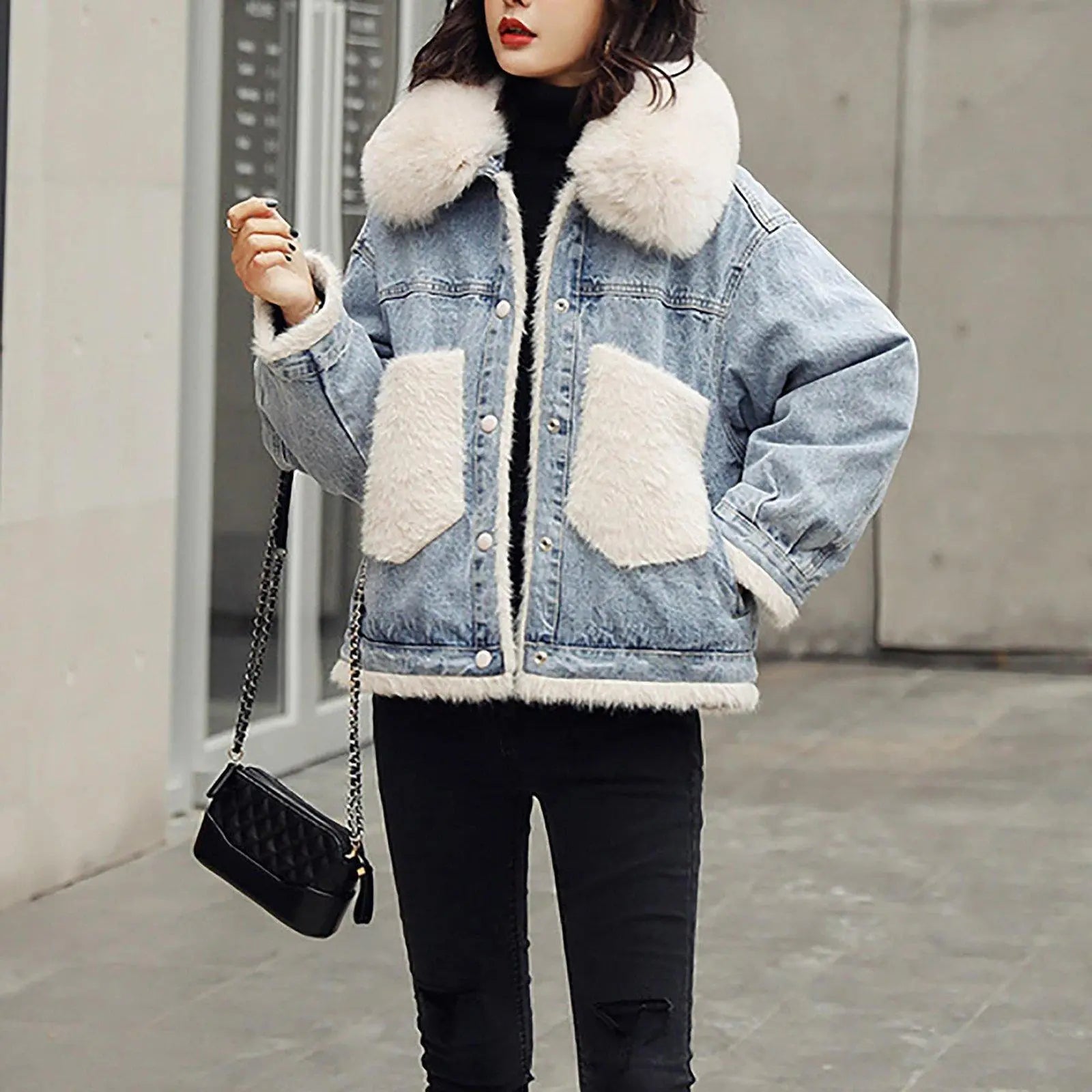 Winter Fur Denim Jacket Women Fashion Faux Rabbit Fur Blue Jeans Jacket Coat  with Warm Lining Female Fur Collar Oversize Outwear