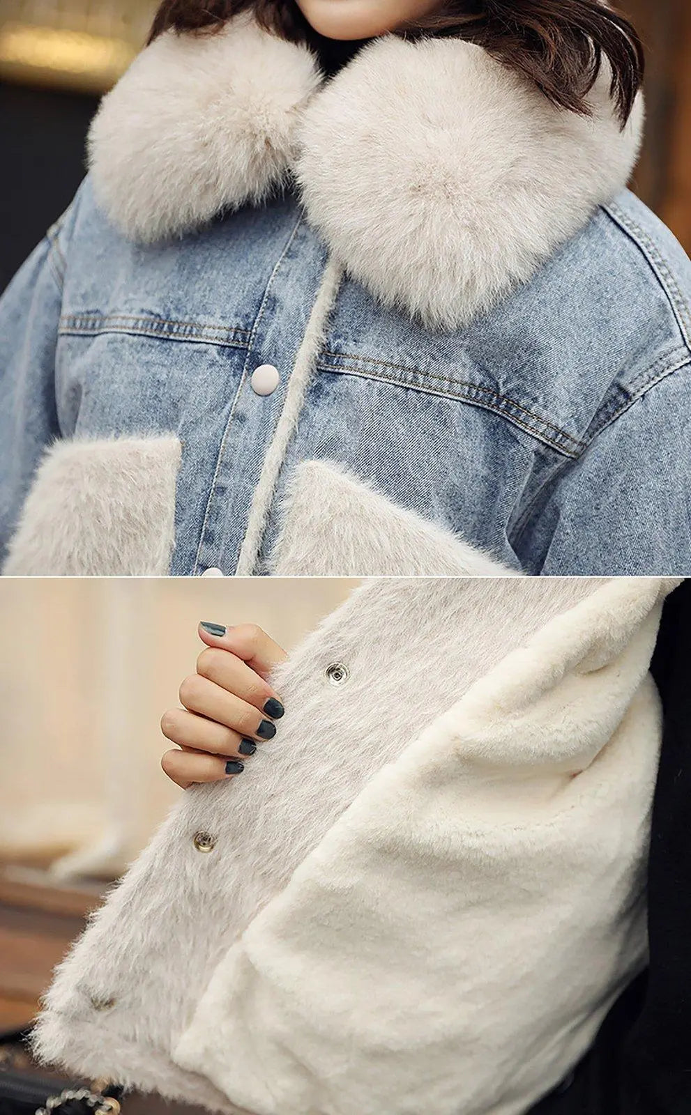 Women Fur Denim Jacket with Fur Parka Winter Warm Down Coat Outerwear 33503  | eBay