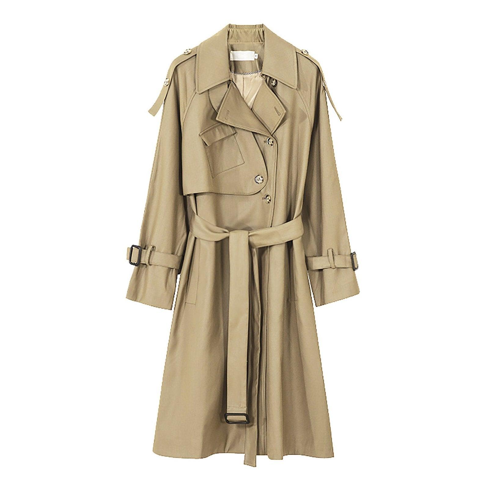 Women's Khaki long trench coat with asymmetrical pockets,Cotton Blend