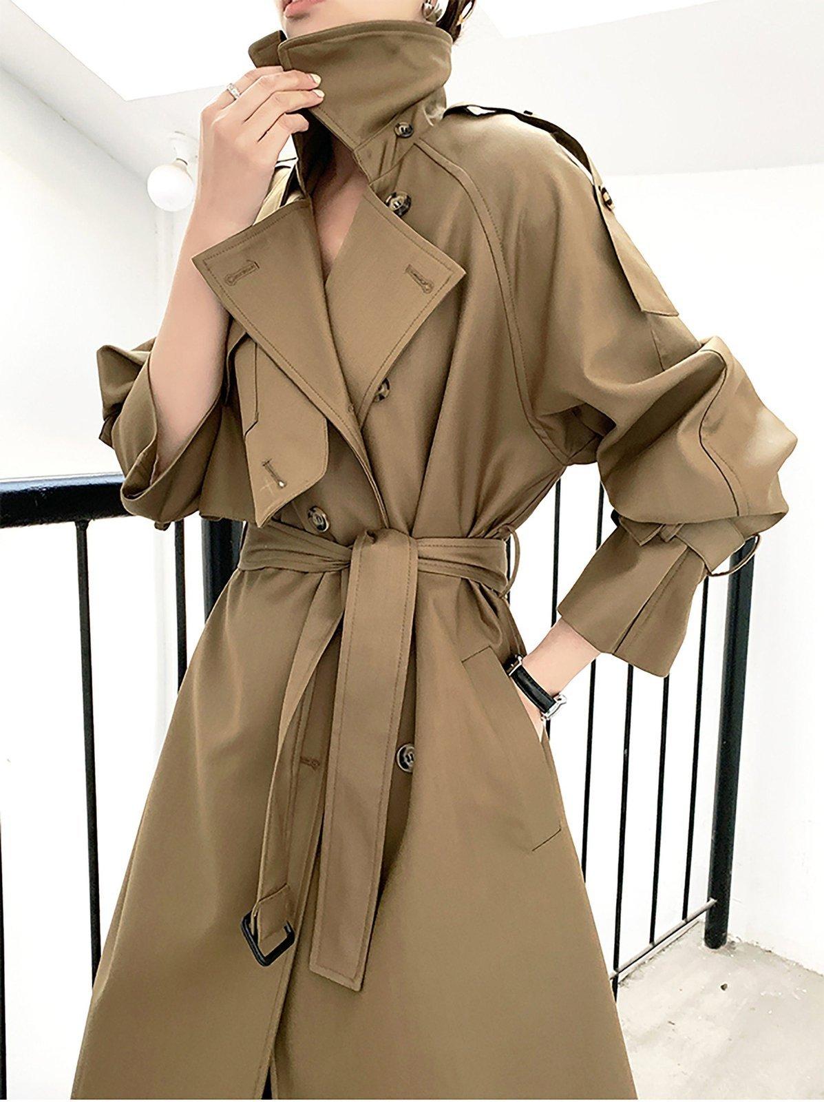 Women's Khaki long trench coat with asymmetrical pockets,Cotton Blend