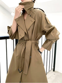Women's Khaki long trench coat with asymmetrical pockets,Cotton Blend Wrap Trench Coat,Drop Belted Trench Windbreaker Duster Coat Outerwear Vivian Seven