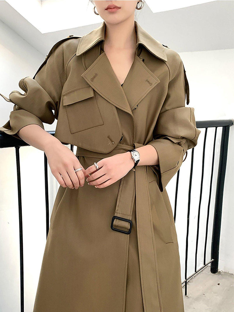 Women's Khaki long trench coat with asymmetrical pockets,Cotton Blend Wrap Trench Coat,Drop Belted Trench Windbreaker Duster Coat Outerwear Vivian Seven