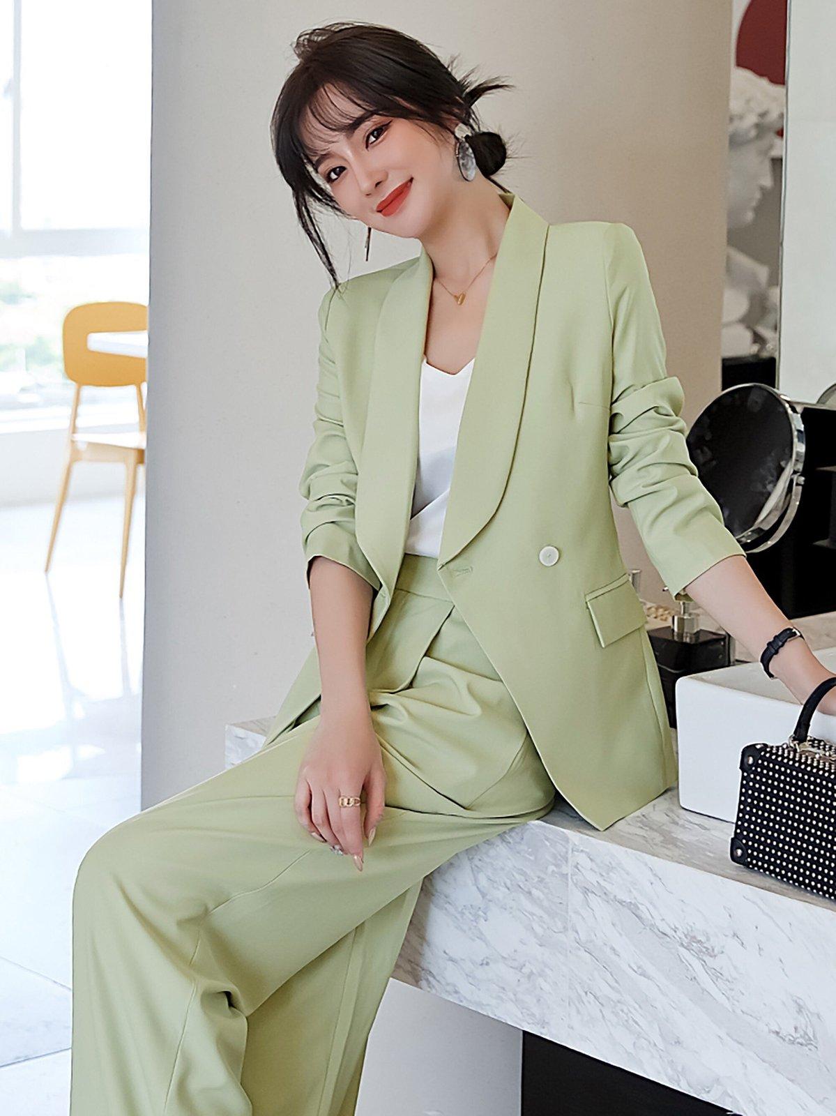 Women's Long Sleeve Blazer Jacket + Flare Pants Sets,Wedding Guest Suit Coat Wide leg pants Sets,Office Lady Double Breasted Coat Outerwear Vivian Seven