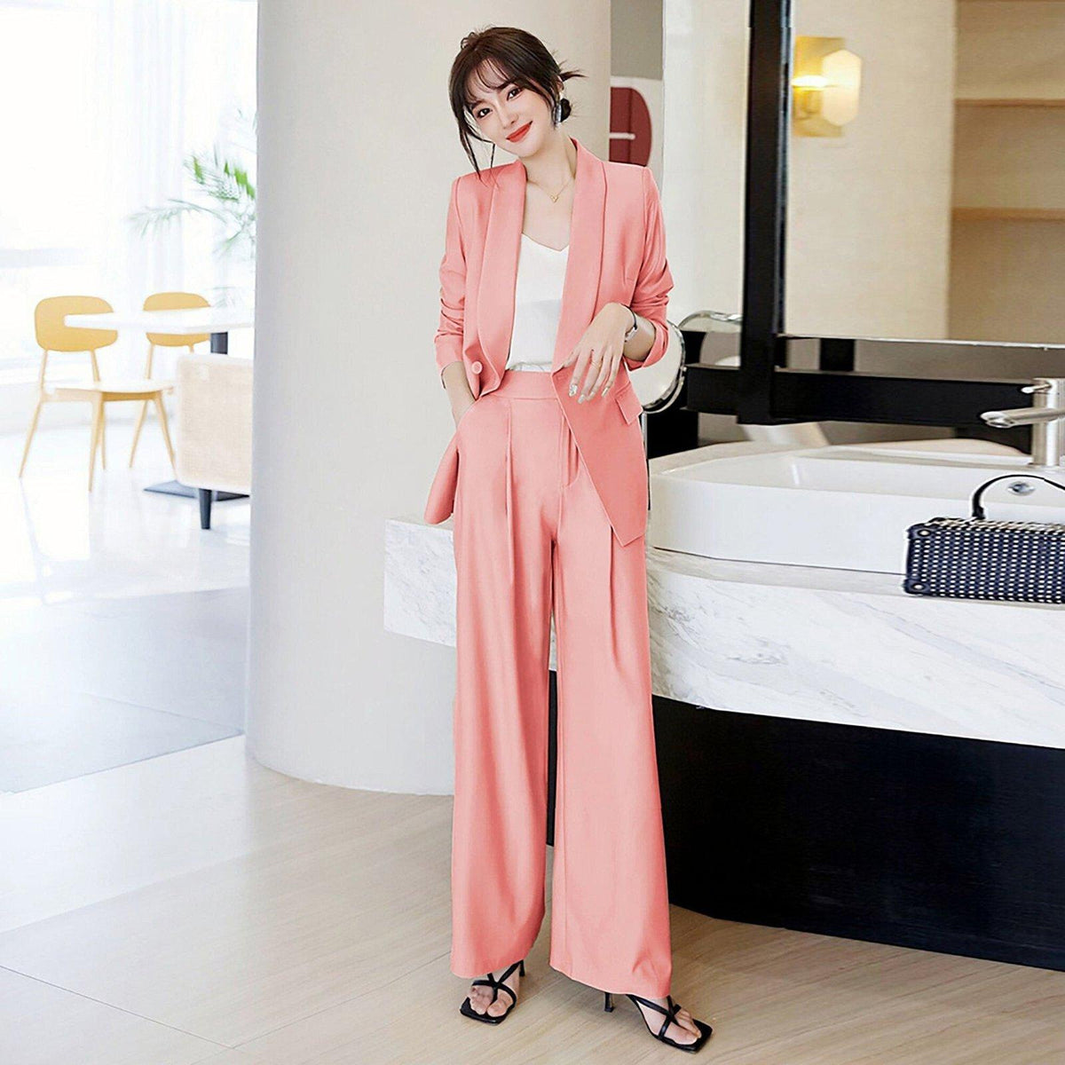 Hinvhai Set for Women On Clearance Women's Long Sleeve Solid Suit Pants  Elegant Business Suit Sets Two-piece Suit Hot Pink 10(XL) 