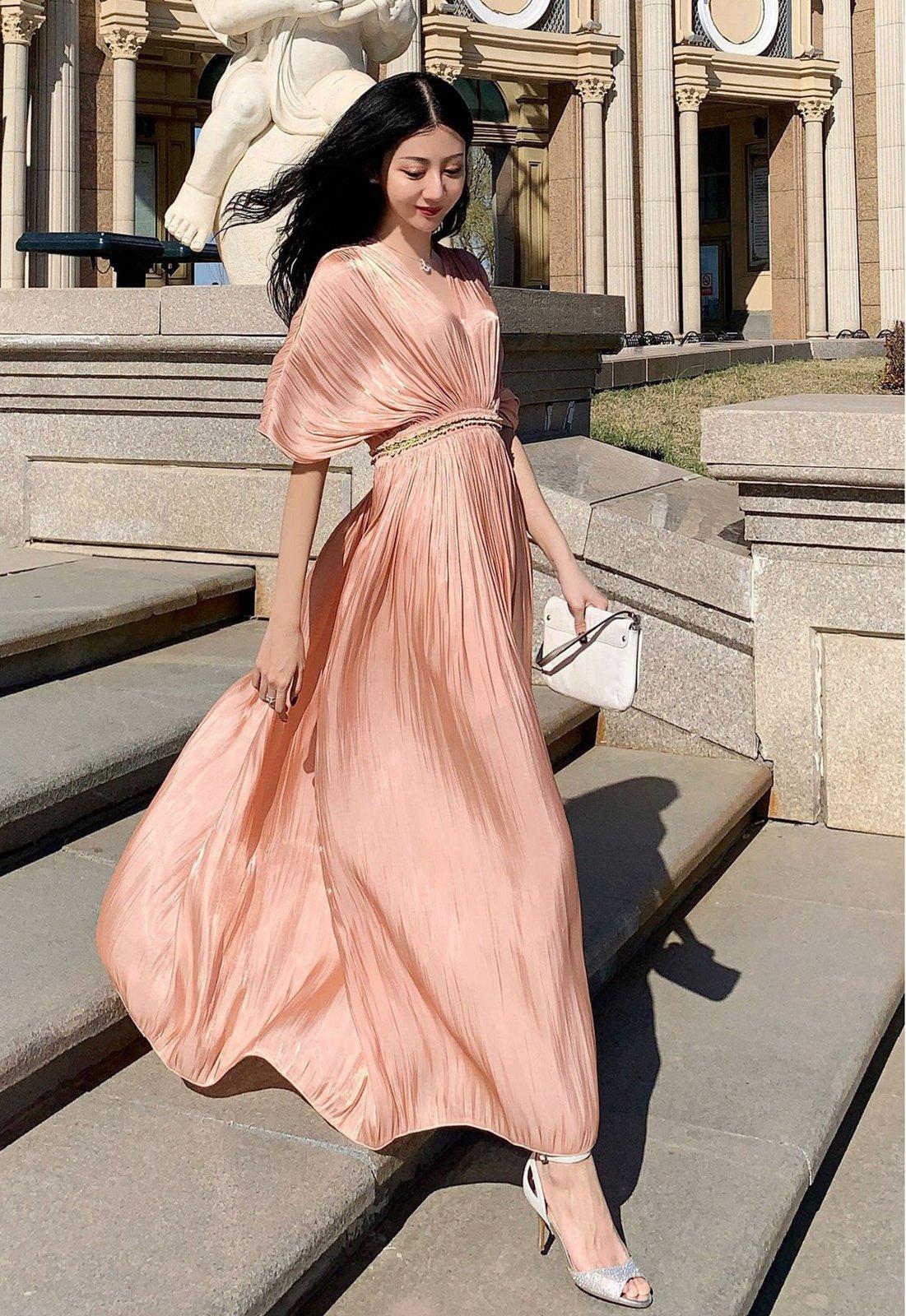 Short Sleeve Pleated Maxi Dress Vivian Seven