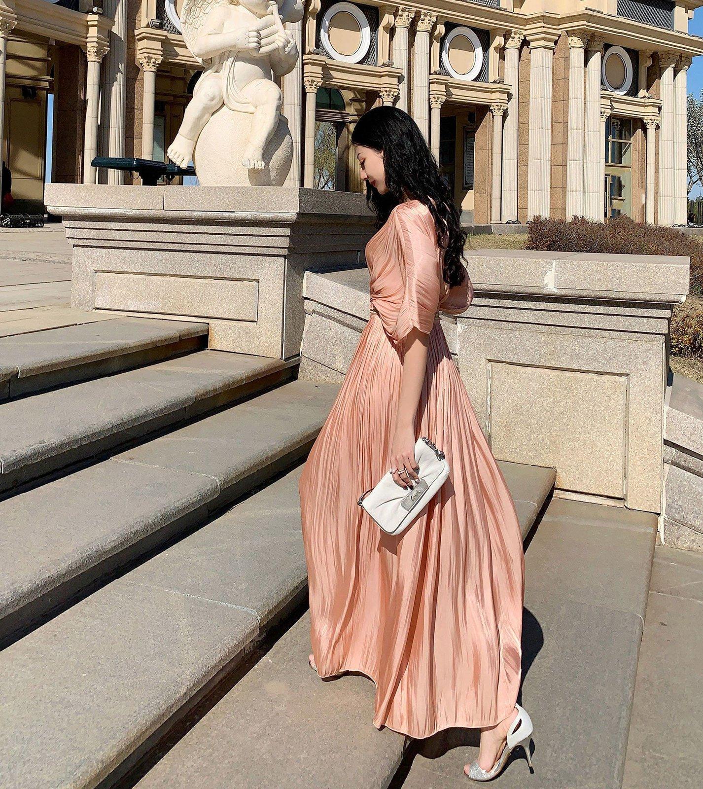 Short Sleeve Pleated Maxi Dress | Vivian Seven Pink / XS Short Sleeve Pleated Maxi Dress | Vivian Seven Pink / XS