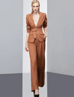 belted blazer and wide leg pants