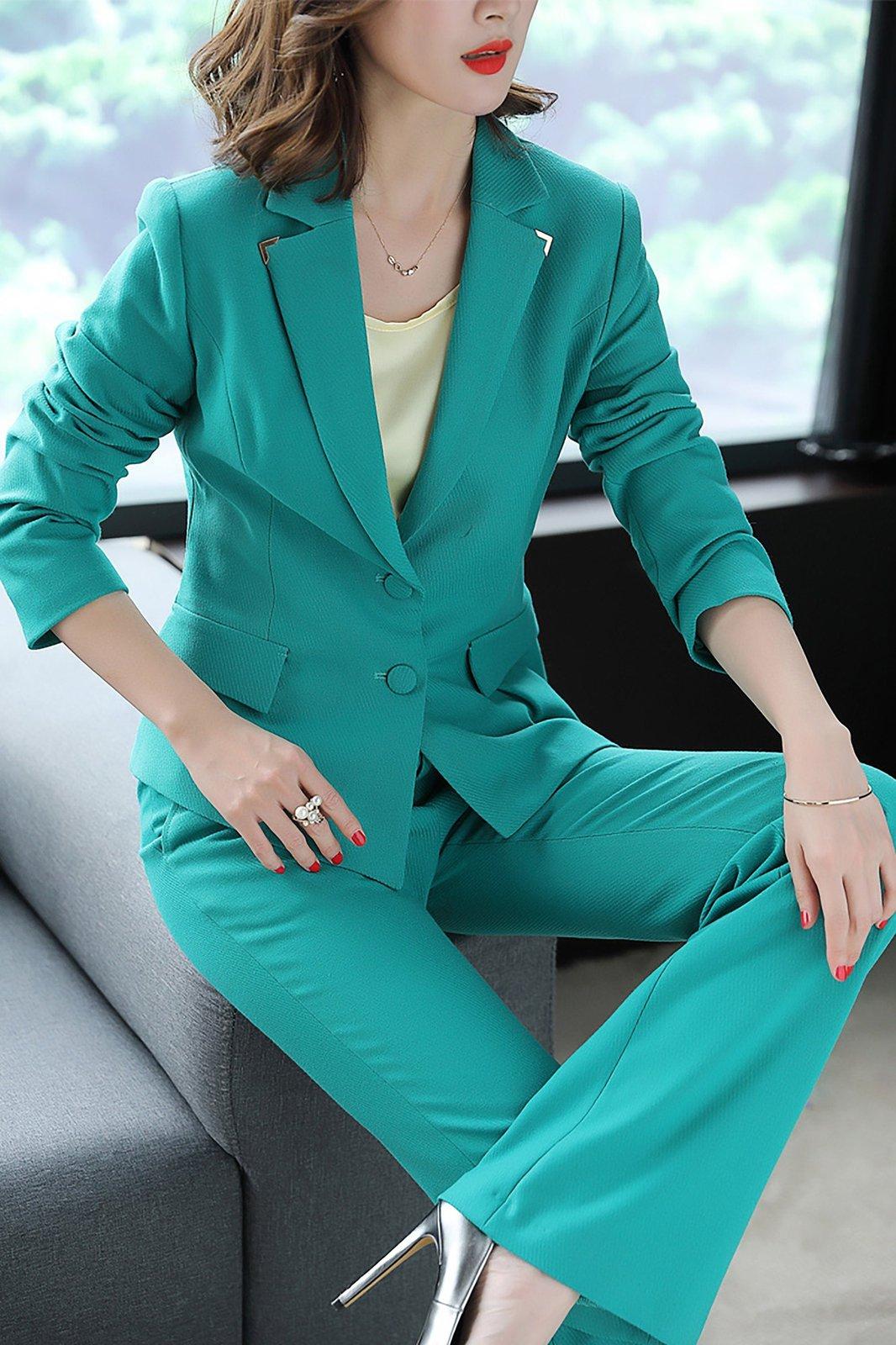 Cyan Two Button High Low Blazer & Flare Pant Suit | Vivian Seven L / Cyan Cyan Two Button High Low Blazer & Flare Pant Suit | Vivian Seven L / Cyan