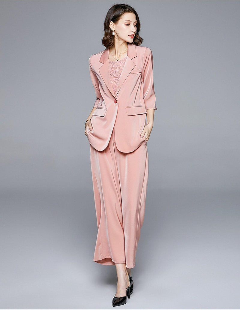 three quater sleeve blazer and cropped pants set
