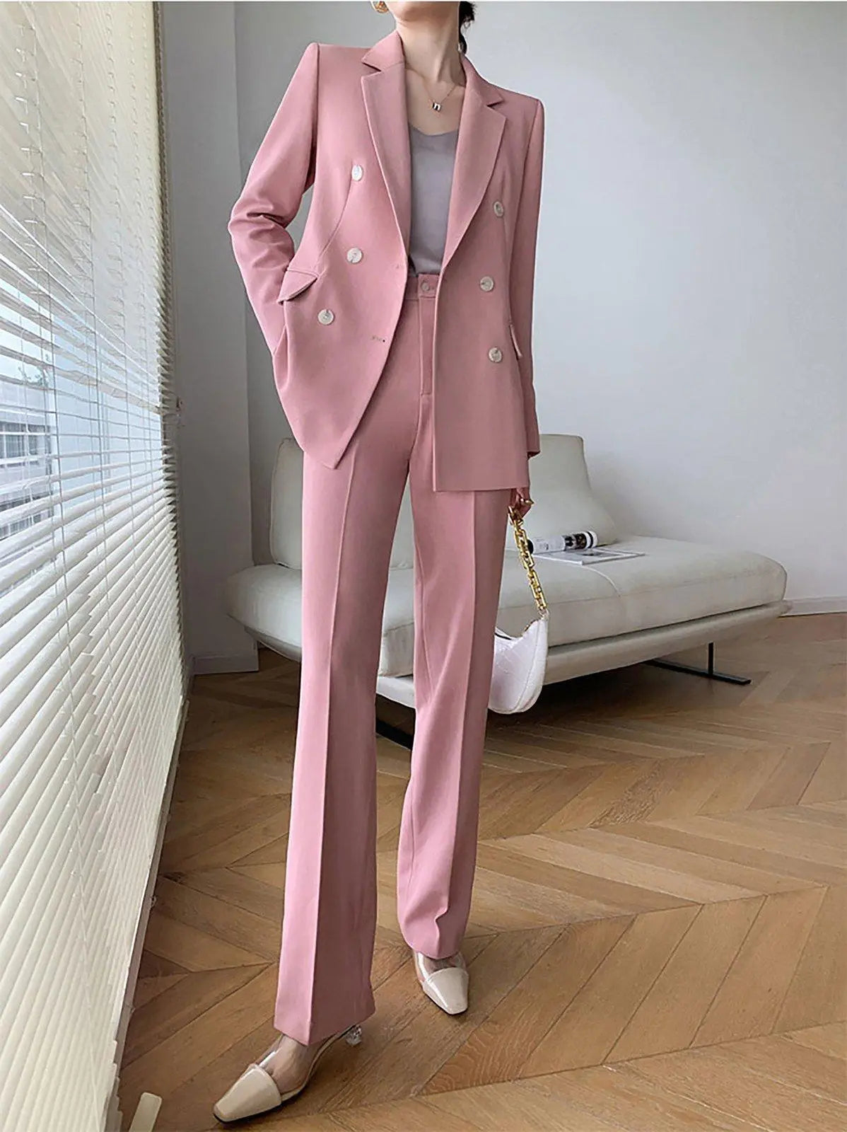 women's pink blazer and pants set