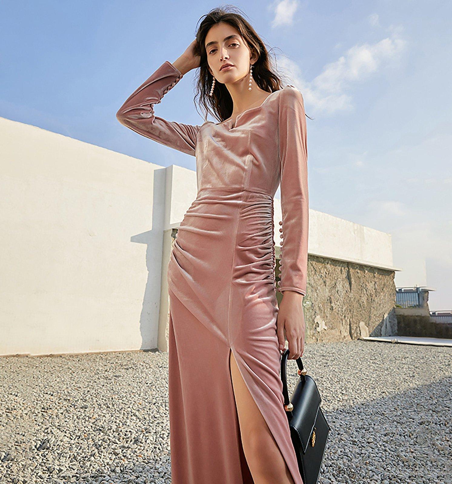 Pink Velvet Long Sleeve Maxi Dress | Vivian Seven S / Pink Pink Velvet Long Sleeve Maxi Dress | Vivian Seven S / Pink