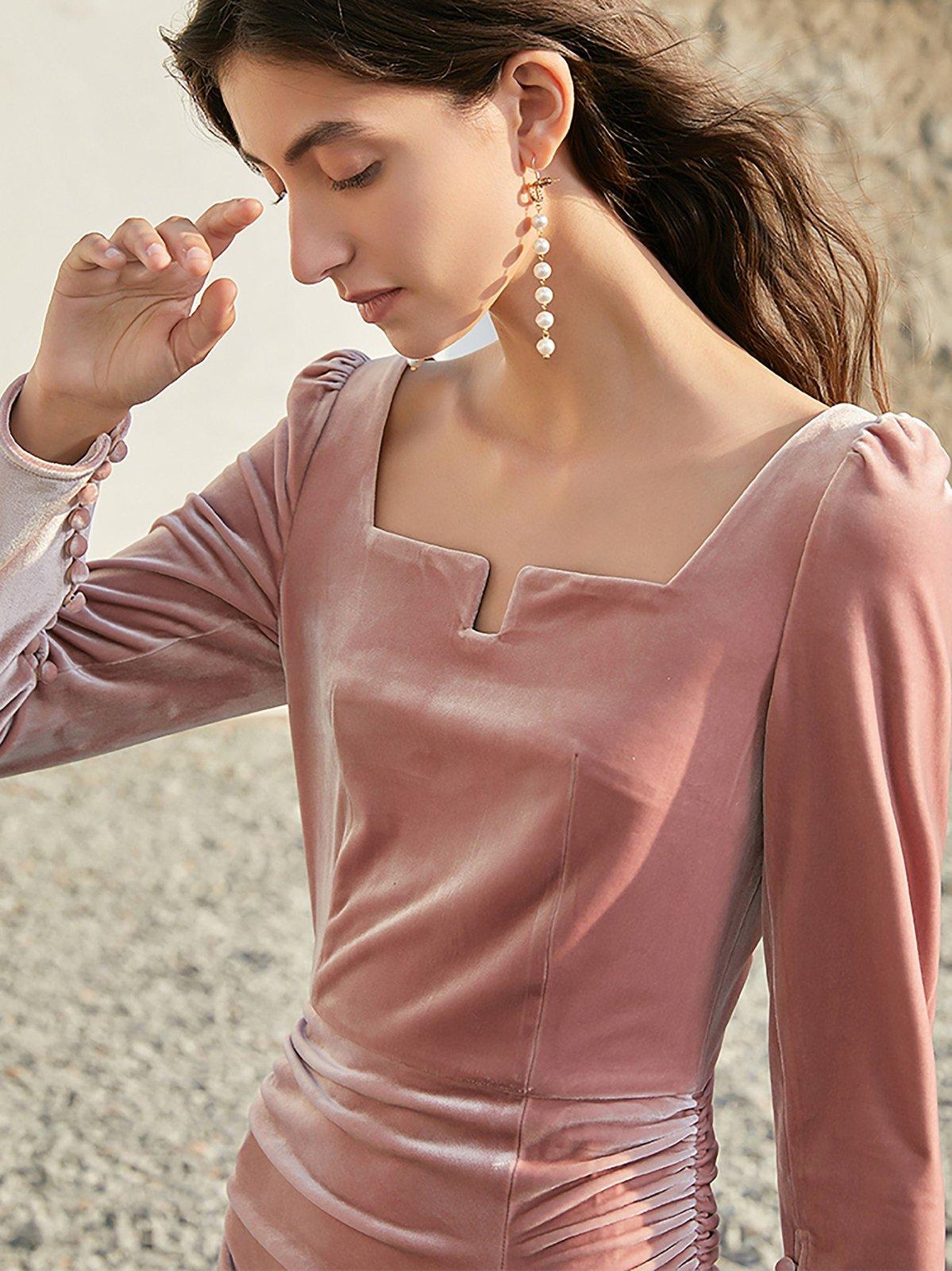 Pink Velvet Long Sleeve Maxi Dress | Vivian Seven Pink Velvet Long Sleeve Maxi Dress | Vivian Seven