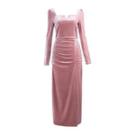 Women's Pink Velvet Long Midi dress,Square collar Maxi Dress,Formal gown Dress,Evening Dress,Fall Dress,Full Length Dress,Wedding Dress Vivian Seven