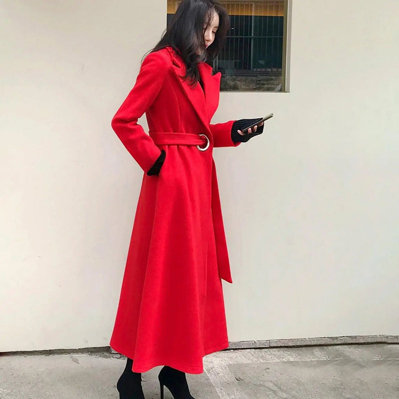 Women's Red Long Wool Overcoat,Belted slim woolen coat,Wedding Wool Blend Coat,Black Long wool Wrap Coat,Winter Fall Warm Coat Outerwear Vivian Seven