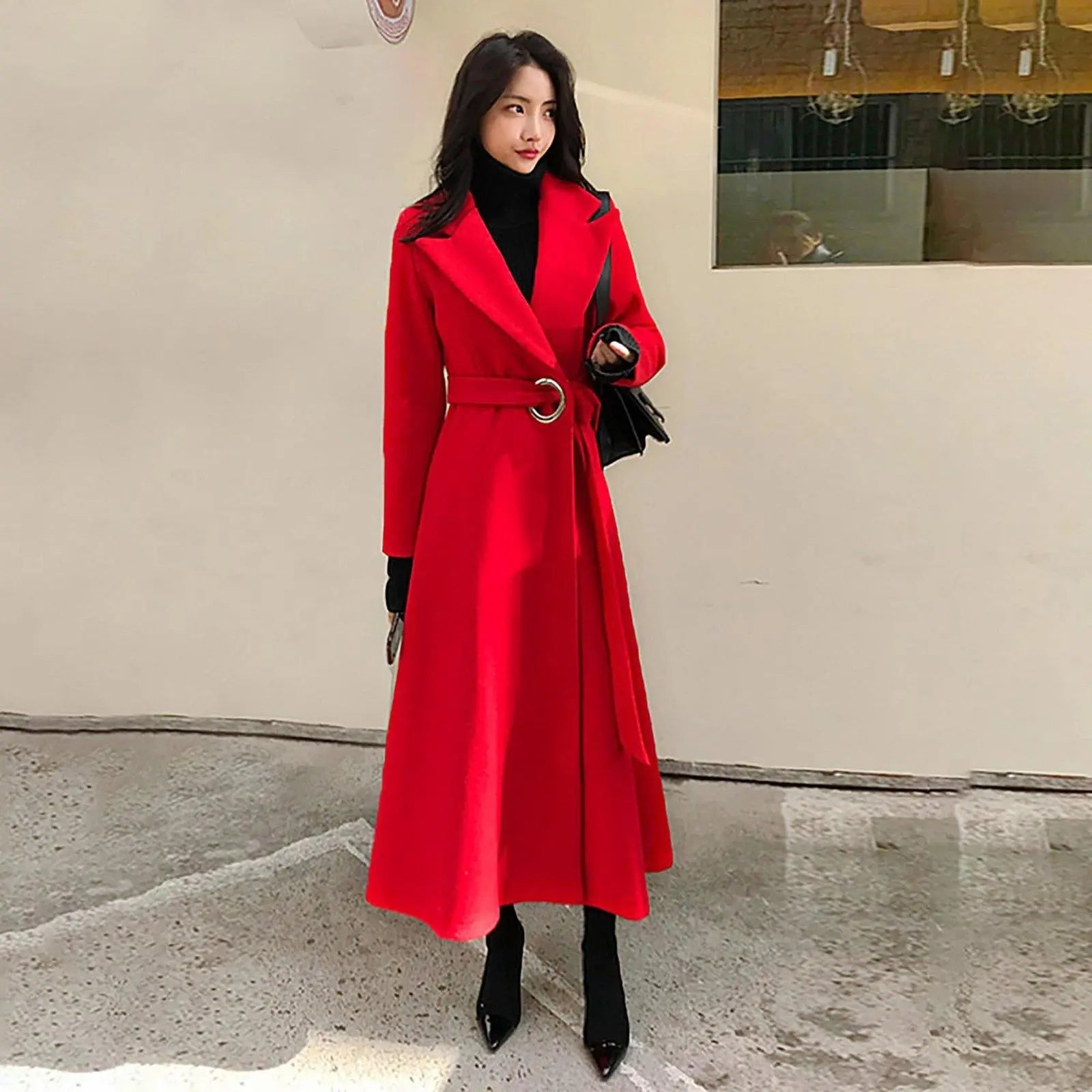 Women's Red Long Wool Overcoat,Belted slim woolen coat,Wedding Wool Blend  Coat,Black Long wool Wrap Coat,Winter Fall Warm Coat Outerwear