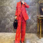 Women's Red Plaid Blazer+Wide Leg Pants Set,2 piece set,Office lady Formal Suit Long trousers Set,Fall Double breasted Coat straight Pants Vivian Seven