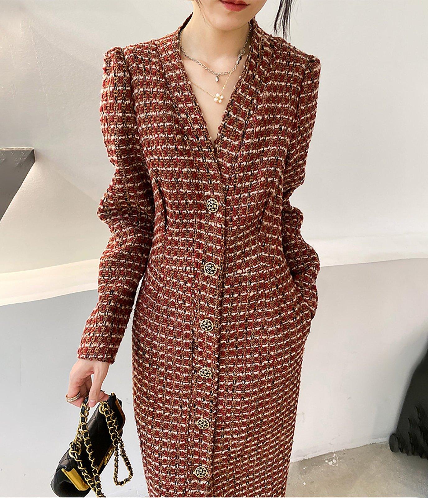 Women's V-Neck Tweed Wool Coat,Single Breasted Wool Trench Dress,Fall  Winter Trench Coat,Wool Blend Over Coat,Long Dress,Tweed winter coat